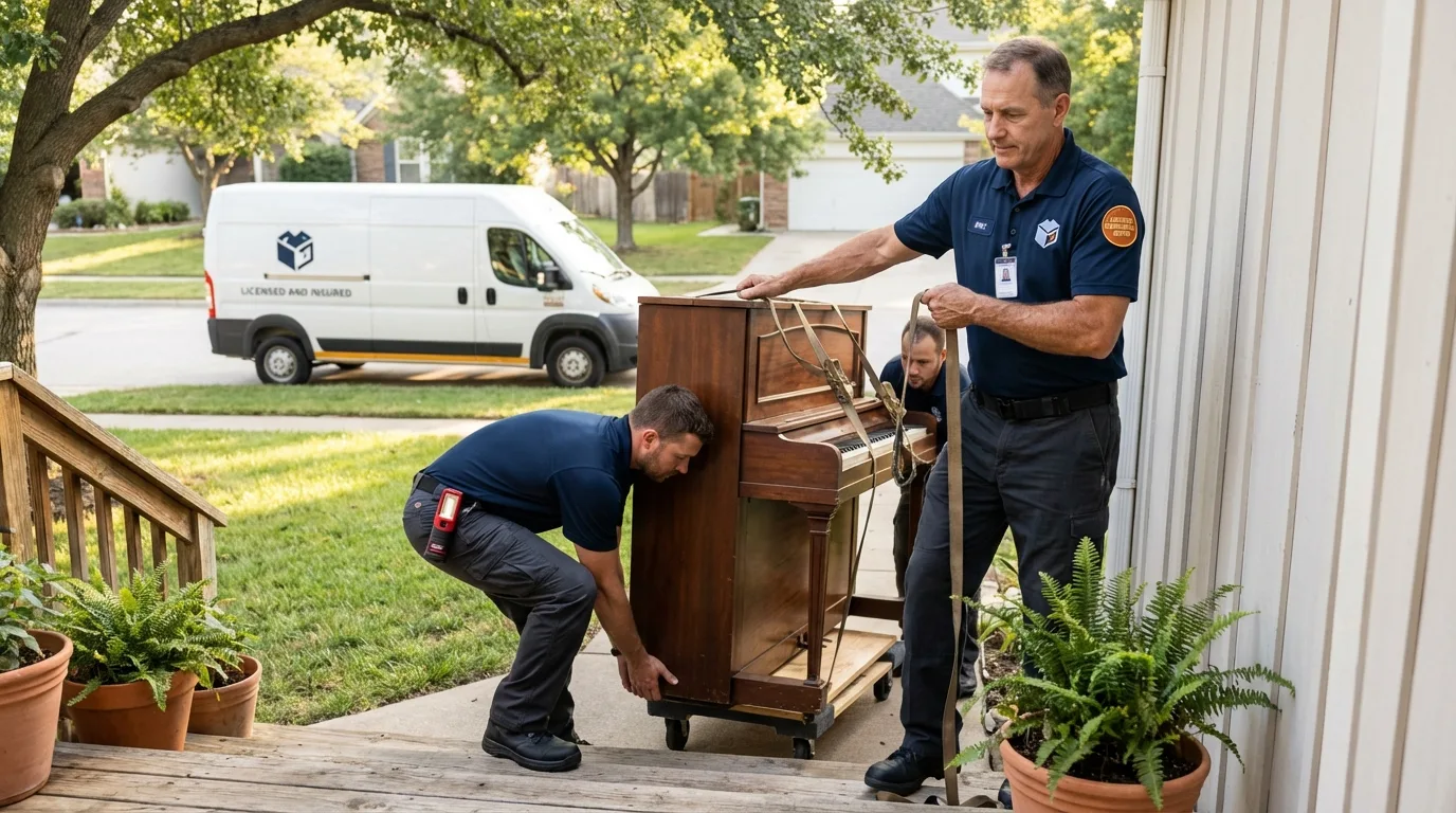 Licensed piano movers securing grand piano in Westhampton, NY