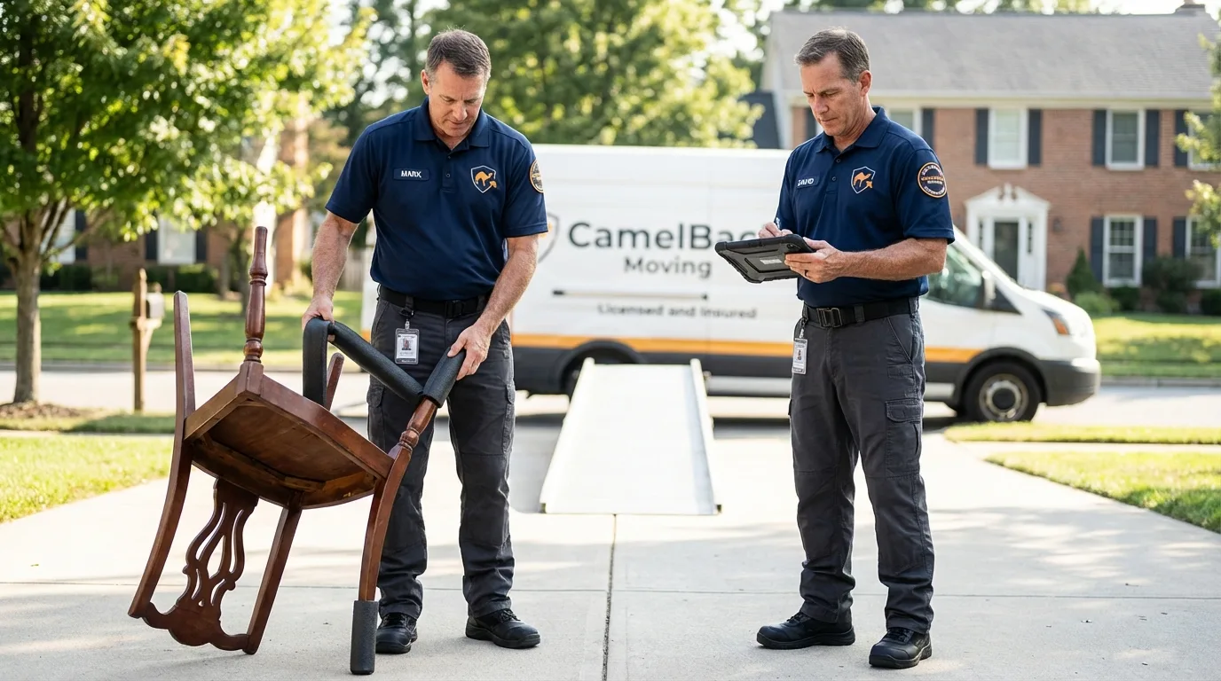 Movers inspecting furniture for damage prevention before loading in Westhampton, NY