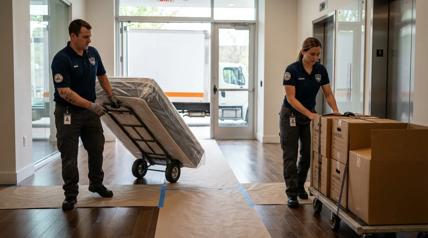 Professional apartment movers loading elevator in Westhampton, NY